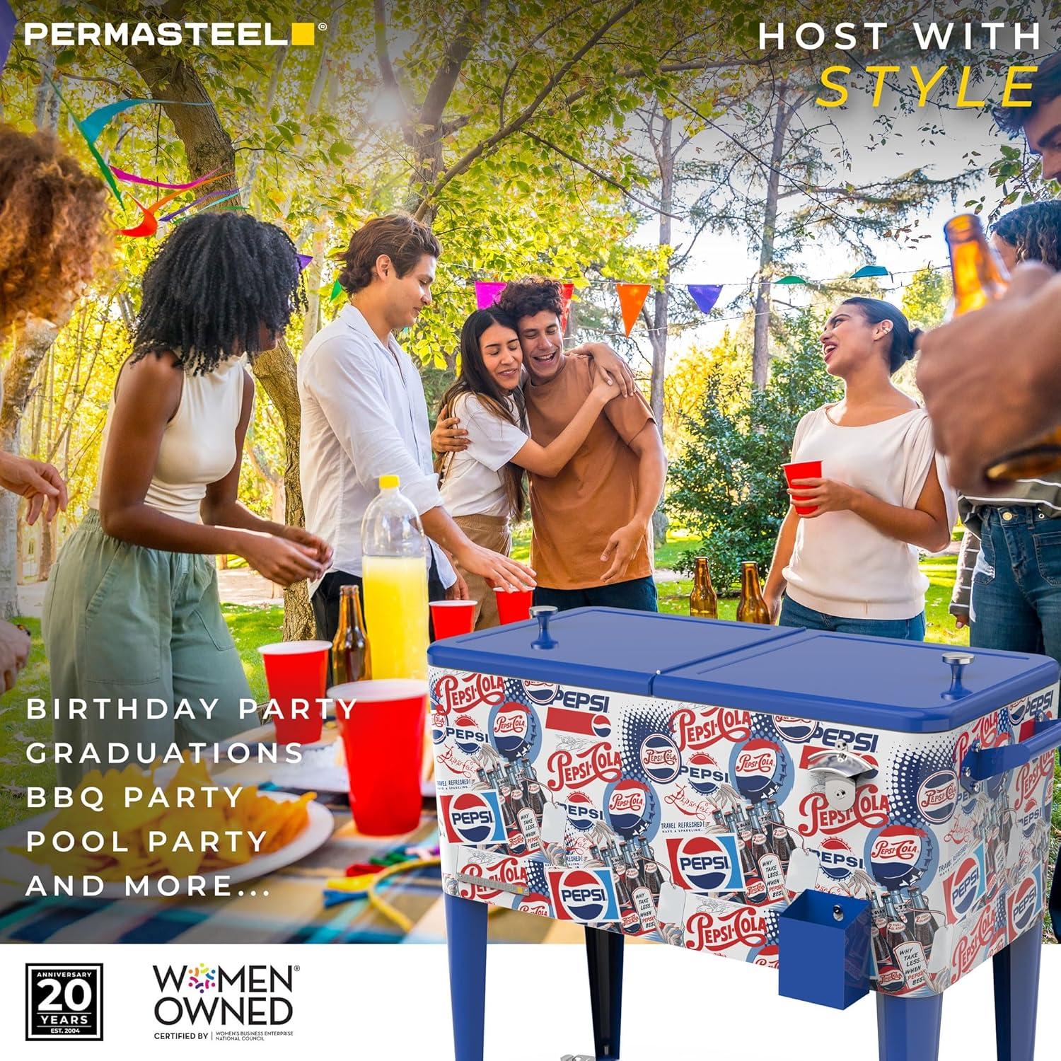 imagePermasteel 80 Quart Party Cooler Rolling Ice Chest with Wheels and Handles for Indoor Outdoor PatioPepsi Heritage Edition