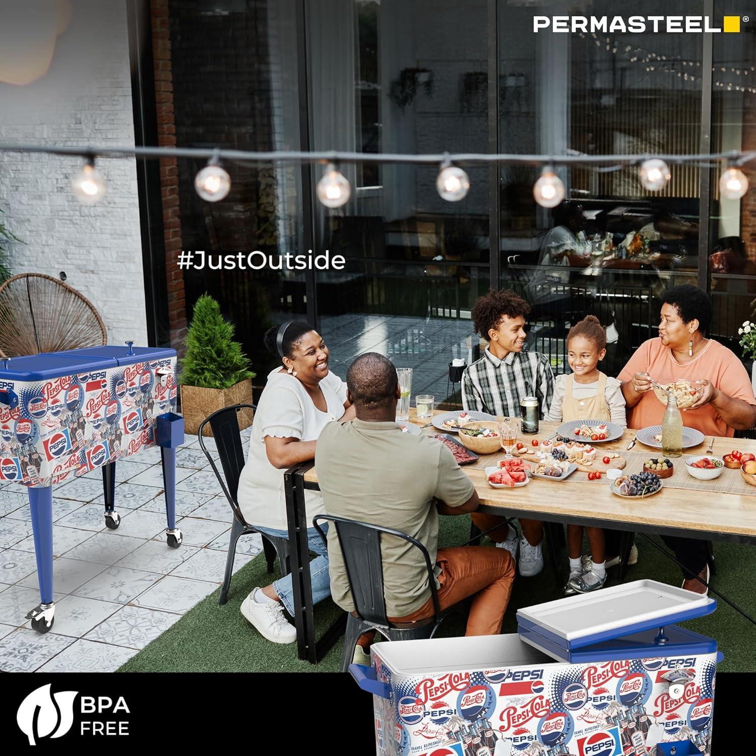 imagePermasteel 80 Quart Party Cooler Rolling Ice Chest with Wheels and Handles for Indoor Outdoor PatioPepsi Heritage Edition