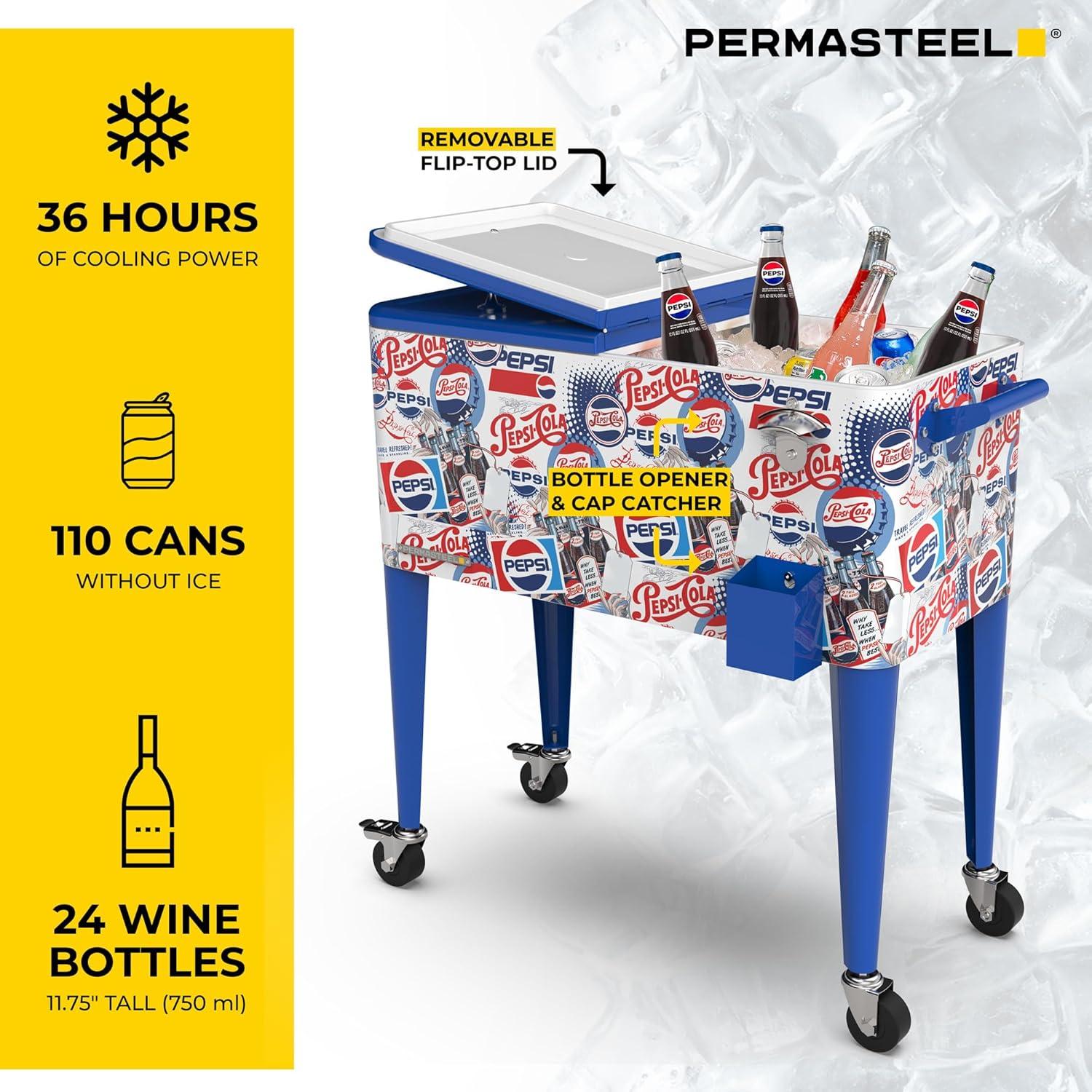 imagePermasteel 80 Quart Party Cooler Rolling Ice Chest with Wheels and Handles for Indoor Outdoor PatioPepsi Heritage Edition