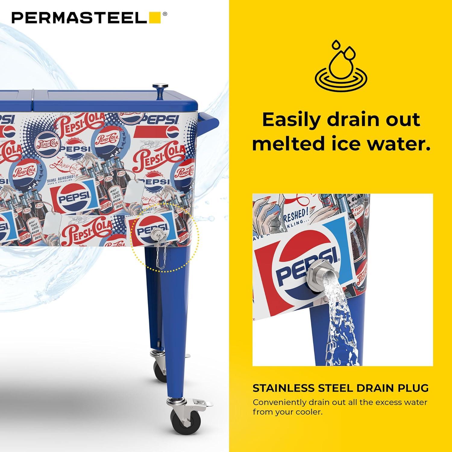 imagePermasteel 80 Quart Party Cooler Rolling Ice Chest with Wheels and Handles for Indoor Outdoor PatioPepsi Heritage Edition