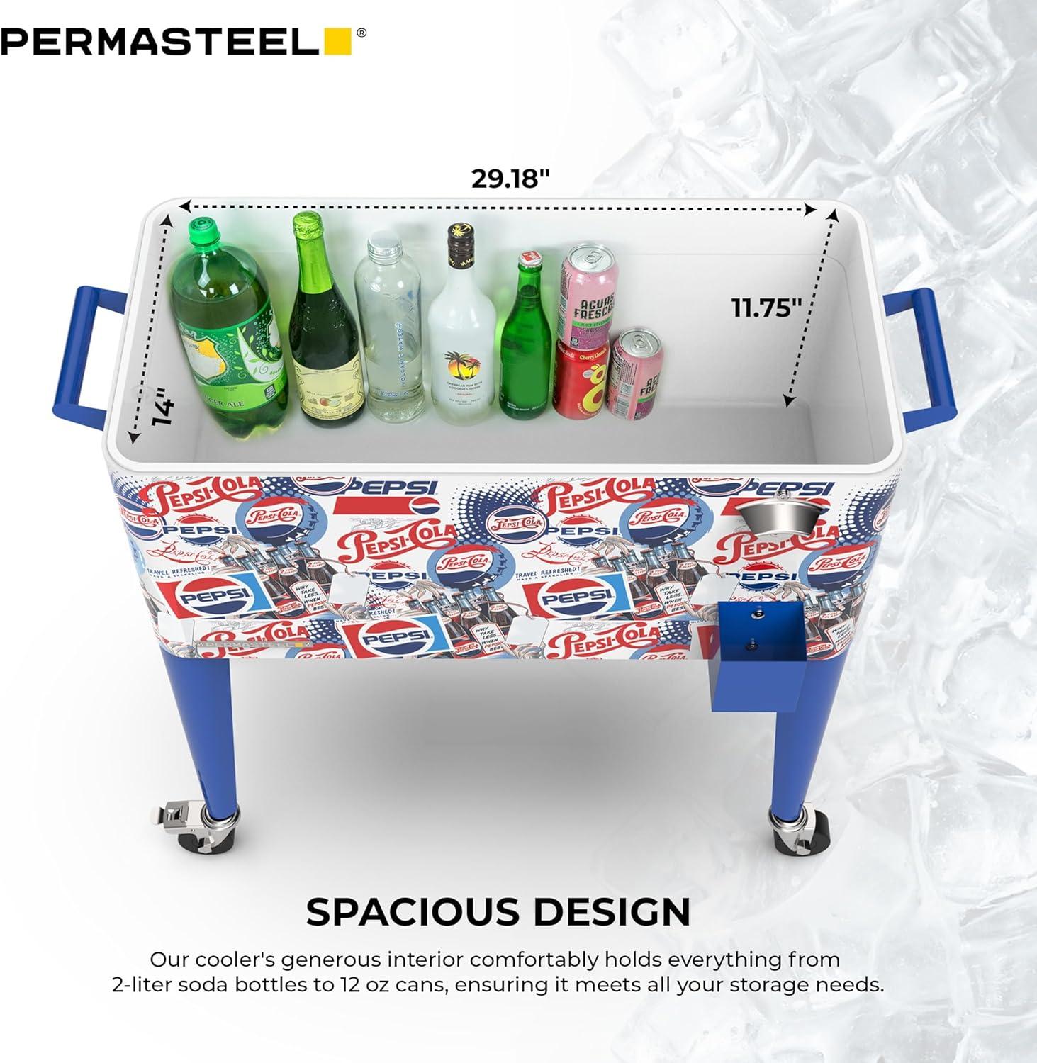 imagePermasteel 80 Quart Party Cooler Rolling Ice Chest with Wheels and Handles for Indoor Outdoor PatioPepsi Heritage Edition