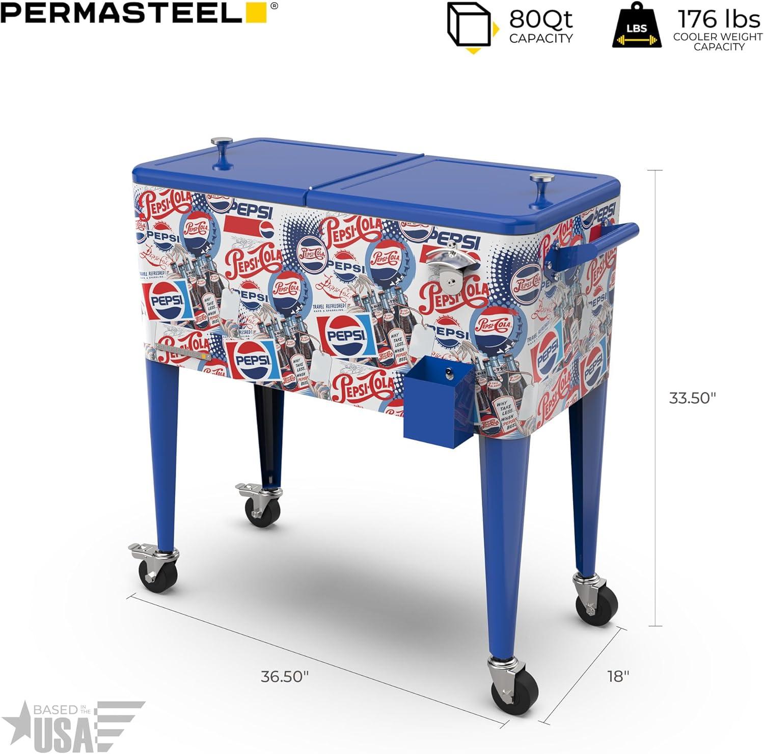 imagePermasteel 80 Quart Party Cooler Rolling Ice Chest with Wheels and Handles for Indoor Outdoor PatioPepsi Heritage Edition