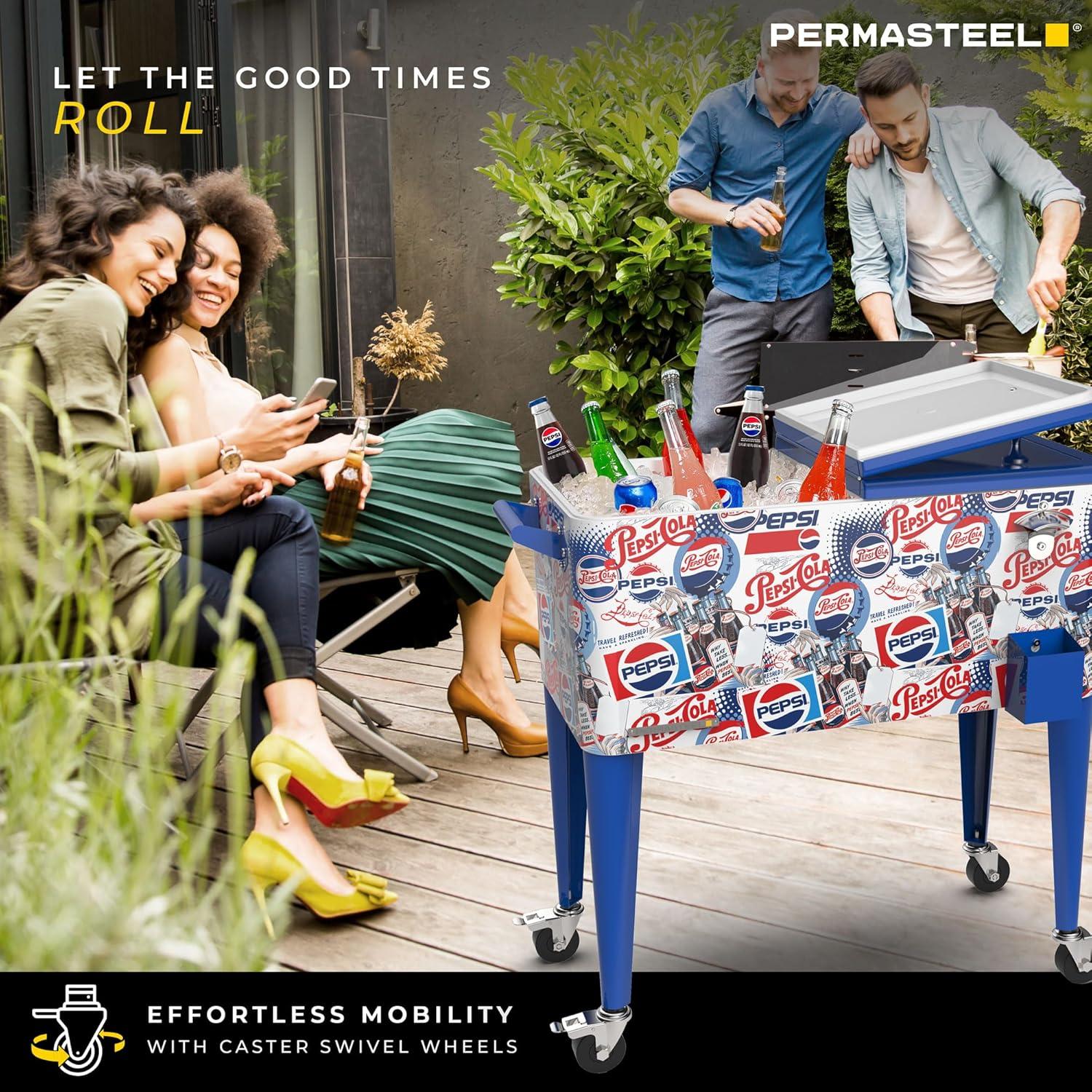imagePermasteel 80 Quart Party Cooler Rolling Ice Chest with Wheels and Handles for Indoor Outdoor PatioPepsi Heritage Edition