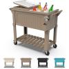 imagePermasteel 80Qt Antique Patio Cooler for Outside  Outdoor Beverage Cooler Bar Cart Rolling Cooler with Wheels and Handles Wooden Teak Accent BlackTaupe