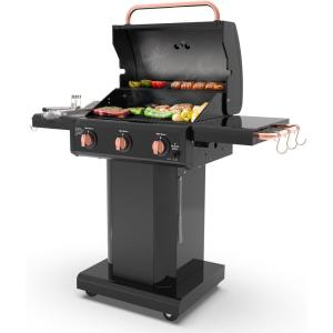 imageKenmore 3Burner Propane BBQ Grill 30000 BTUs Gas Grill with Cast Iron Cooking Grates Folding Side Tables ampamp Wheels Outdoor Grill with Tool Hooks BlackBlackCopper