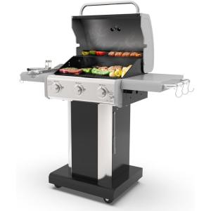 imageKenmore 3Burner Propane BBQ Grill 30000 BTUs Gas Grill with Cast Iron Cooking Grates Folding Side Tables ampamp Wheels Outdoor Grill with Tool Hooks BlackBlack