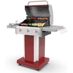 imageKenmore 3Burner Propane BBQ Grill 30000 BTUs Gas Grill with Cast Iron Cooking Grates Folding Side Tables ampamp Wheels Outdoor Grill with Tool Hooks BlackRed