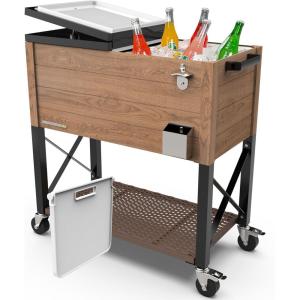imagePermasteel 80 Quart Party Cooler Rolling Ice Chest with Wheels and Handles for Indoor Outdoor PatioOak Brown