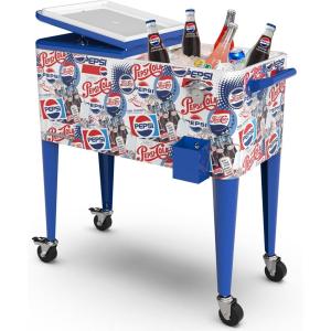 imagePermasteel 80 Quart Party Cooler Rolling Ice Chest with Wheels and Handles for Indoor Outdoor PatioPepsi Heritage Edition
