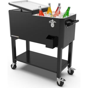 imagePermasteel 80Qt Antique Patio Cooler for Outside  Outdoor Beverage Cooler Bar Cart Rolling Cooler with Wheels and Handles Wooden Teak Accent BlackBlack
