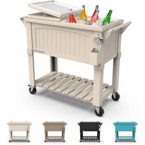 imagePermasteel 80Qt Antique Patio Cooler for Outside  Outdoor Beverage Cooler Bar Cart Rolling Cooler with Wheels and Handles Wooden Teak Accent BlackCream
