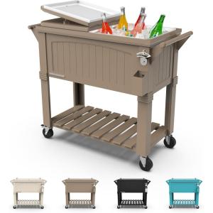 imagePermasteel 80Qt Antique Patio Cooler for Outside  Outdoor Beverage Cooler Bar Cart Rolling Cooler with Wheels and Handles Wooden Teak Accent BlackTaupe