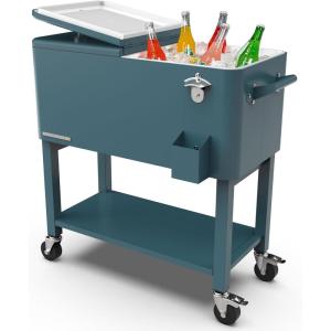 imagePermasteel 80Qt Antique Patio Cooler for Outside  Outdoor Beverage Cooler Bar Cart Rolling Cooler with Wheels and Handles Wooden Teak Accent BlackTeal
