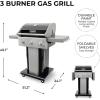 imagePermasteel 3Burner Propane Gas Grill 30000 BTUs BBQ Grill with Cast Iron Grates Foldable Side Tables ampamp Tool Hooks Outdoor Grill AzureBlack