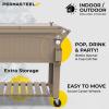 imagePermasteel 80Qt Rolling Patio Cooler with Storage Shelf Large Beverage Cart for Outdoor Entertaining Backyard Deck ampamp Parties Antique Teak Style Taupe  Bonus Cover