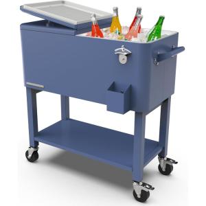 imagePermasteel 80Qt Outdoor Patio Cooler with Removable Basin Outside Beverage Cooler Cart Rolling Cooler with Wheels and Handles Stainless SteelAzure