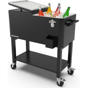 imagePermasteel 80Qt Outdoor Patio Cooler with Removable Basin Outside Beverage Cooler Cart Rolling Cooler with Wheels and Handles Stainless SteelBlack