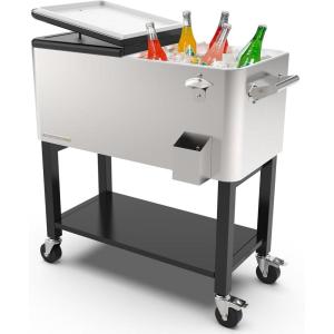 imagePermasteel 80Qt Outdoor Patio Cooler with Removable Basin Outside Beverage Cooler Cart Rolling Cooler with Wheels and Handles Stainless SteelStainless Steel