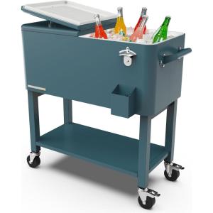 imagePermasteel 80Qt Outdoor Patio Cooler with Removable Basin Outside Beverage Cooler Cart Rolling Cooler with Wheels and Handles Stainless SteelTeal
