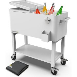 imagePermasteel 80Qt Outdoor Patio Cooler with Removable Basin Outside Beverage Cooler Cart Rolling Cooler with Wheels and Handles Stainless SteelWhite