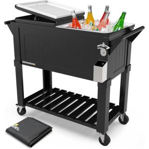 imagePermasteel 80Qt Rolling Patio Cooler with Storage Shelf Large Beverage Cart for Outdoor Entertaining Backyard Deck ampamp Parties Antique Teak Style Black  Bonus Cover