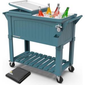 imagePermasteel 80Qt Rolling Patio Cooler with Storage Shelf Large Beverage Cart for Outdoor Entertaining Backyard Deck ampamp Parties Antique Teak Style Teal  Bonus Cover
