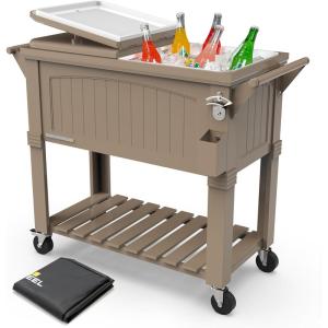 imagePermasteel 80Qt Rolling Patio Cooler with Storage Shelf Large Beverage Cart for Outdoor Entertaining Backyard Deck ampamp Parties Antique Teak Style Taupe  Bonus Cover