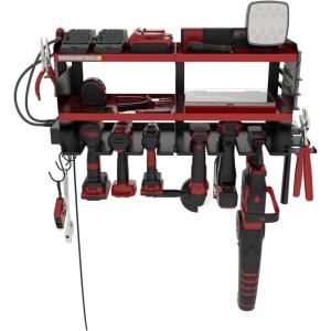 imagePermasteel Power Tool Organizer Wall Mount  150 Lbs Load 3Layer Heavy Duty Metal Storage Rack with Charging Station Holds 6 Drills 9 Hand Tools and 16 drill bits for Garage and Workshop BlueRed