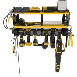 imagePermasteel Power Tool Organizer Wall Mount  150 Lbs Load 3Layer Heavy Duty Metal Storage Rack with Charging Station Holds 6 Drills 9 Hand Tools and 16 drill bits for Garage and Workshop BlueYellow